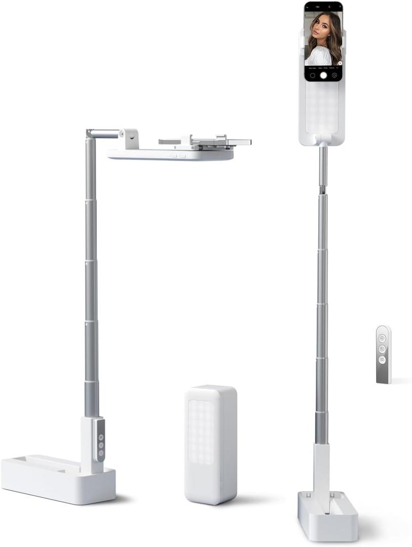 Phone Stand for Recording, Overhead Phone Mount with Light, Selfie Stand,Portable,Extendable,360° Rotate,Adjustable,Wireless Remote,Rechargeable, for 3.5-6.9" Phones, Live Streaming, White