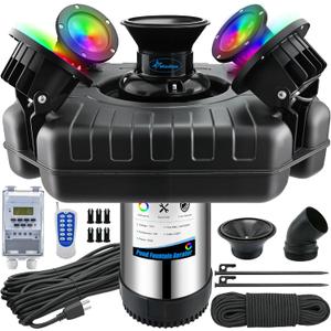 Pond Fountain Aerator with Lights Dynamic RGB Light 1HP 750W Floating Fountain for Pond Lake, 110V 15000 GPH Fully Automatic Stainless Steel Fountain Pump 100Ft Cord with 4 LED Lights and Nail, Rope