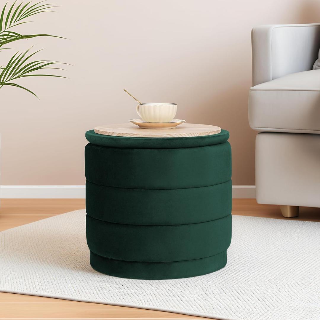 15" Upholstered Round Velvet Ottoman with Storage | Foldable Foot Rest Ottoman with Wooden Tabletop, Decorative Home Furniture for Living Room & Bedroom-Bottle Green