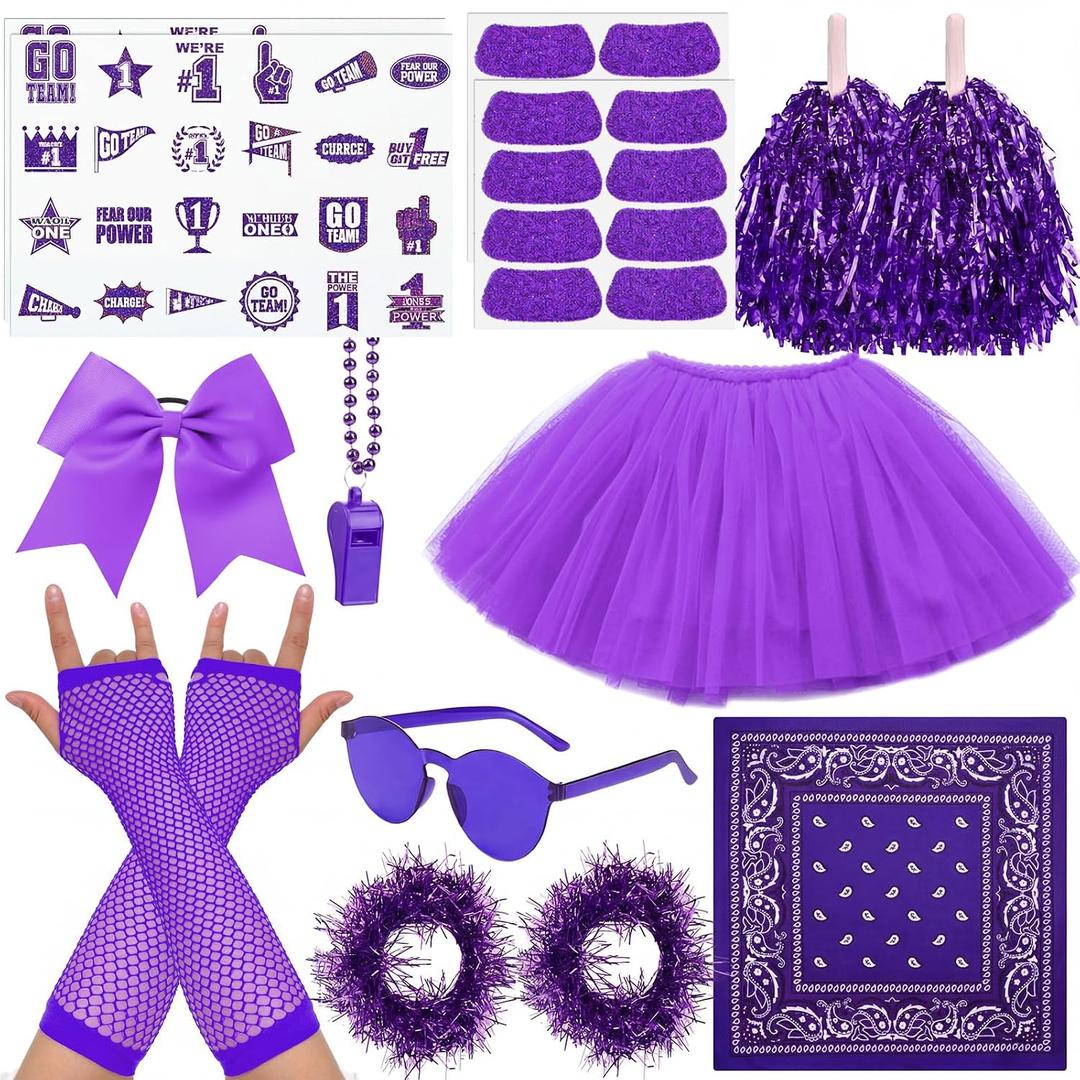 Ramede 21 Pcs Purple Spirit Wear Girls Team Spirit Day Accessories Field Camp Day Color War Accessories Pep Rally Supplies Camp Game Color Team Items Bulk Tutu Noisemaker Stickers for Sport