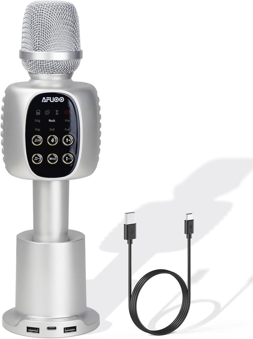 Wireless Bluetooth Karaoke Microphone Speaker for Adults, Karaoke Mic with Stereo Speaker for Smartphone, Tablet, Duet Singing Karaoke Mic for Speech, Home Party, Vocal Changer, Silver (Included base)