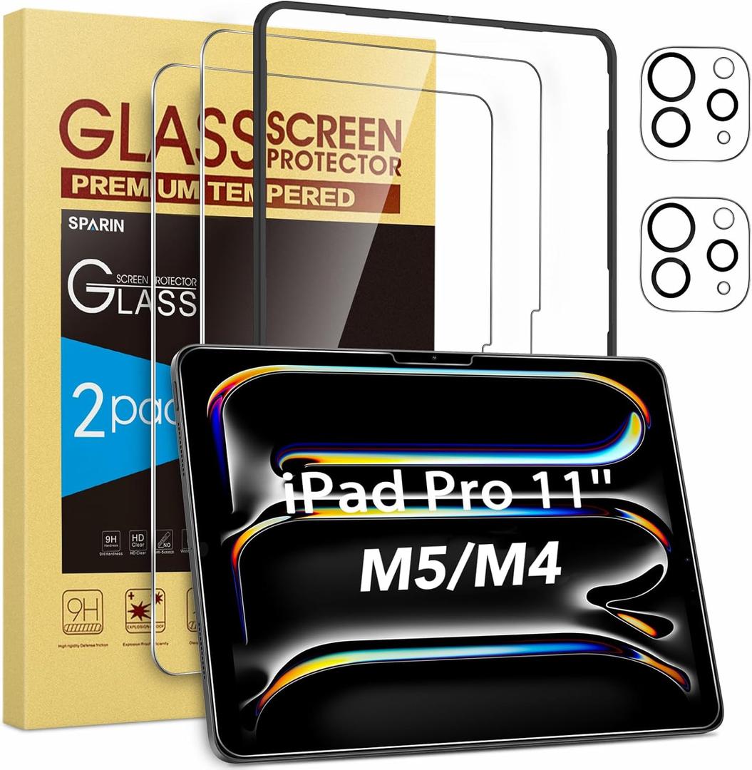 SPARIN Screen Protector for iPad Pro 11 Inch M5 2025/M4 2024 (6th/5th Generation), with Camera Lens Protector & Alignment Frame, Case Friendly/Apple Pencil Compatible Tempered Glass [2+2 Pack]