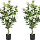 Artificial Camellia Tree 2 Pack, 3FT Faux Camellia Plant in Pot, 36 inch Fake Potted Camellia Flower Tree Plastic Camellia Tree for Modern Home Office Living Room Floor, Christmas, Decor Indoor, White
