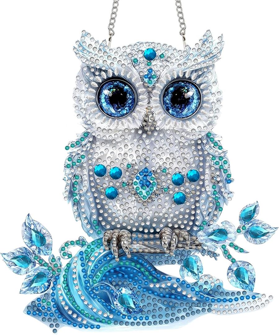 Diymood DIY Hanging Diamond Art Kits for Adults Owl, Diamond Painting Kit Pendant Special Shaped Double Sided Acrylic Sun Catcher Board Wreath Pendants Canvas Window Wall Decor 8 x 8 Inch (Colorful-1)