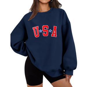 LOMON Oversized Sweatshirt for Women Crewneck Long Sleeve Casual Fleece Tops Graphic Hoodies Pullover Sweater (Blue, XL)
