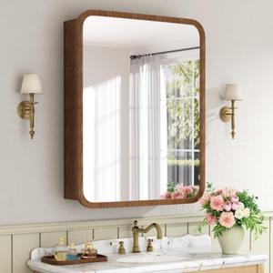 Keazile 16x24 Inch Wood Medicine Cabinet with Mirror, Surface or Recessed Mount Bathroom Mirror Cabinet, Adjustable Glass Shelves, Soft-Close Door, Rounded Corner, Fully Assembled, Walnut