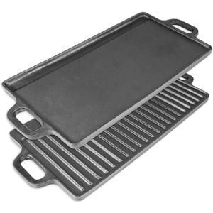ProSource 2-in-1 Reversible 19.5 x 9 Cast Iron Griddle with Handles, Preseasoned & Non-Stick for Gas Stovetop, Oven and Open Fire, Black 