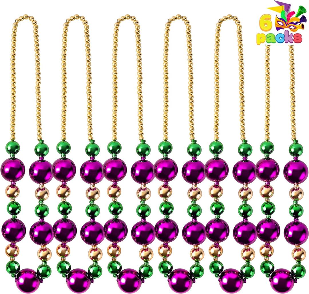 JOYIN 6 Pcs Mardi Gras Jumbo Bead Necklaces, 44'' Gold Green Purple Necklaces Beads for Mardi Gras Parade Decorations Party Favors Supplies, Costume Outfit Accessories