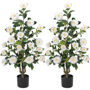 Artificial Camellia Tree 3.3 FT 2 Pack, Christmas Decor Fake Camellia Plant with Blooming Flowers&Natural Wood Trunk, Greenery Faux Potted Plant for Home Office Winter Indoor (White, 3.3FT)