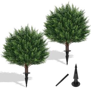 Yangrass Artificial Set of 2 Cedar Topiary Ball Trees 23" for Outdoors with Ground Spike, UV Resistant Faux Cypress Plants, Evergreen Shrubs Bushes for Front Porch Garden Backyard Decor
