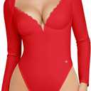 Popilush Lace Shapewear Bodysuit Long Sleeve Body suits Womens Deep V Neck Tummy Control Corset Top Trendy Going Out Tops (M8-10, Red)