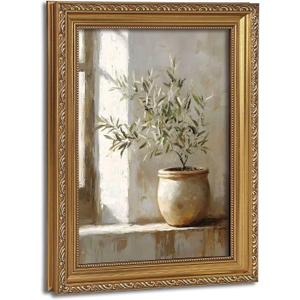 Vintage Gold Framed Wall Art Rustic Olive Branch Still Life Canvas Prints Farmhouse Neutral Potted Plant Paintings Prints for Living Room Bedroom Kitchen 12x16 inch