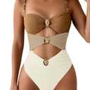 Verdusa Women's Cut Out Colorblock One Piece Swimsuit Ruched Swimwear Bathing Suit Brown Beige, Size: Large
