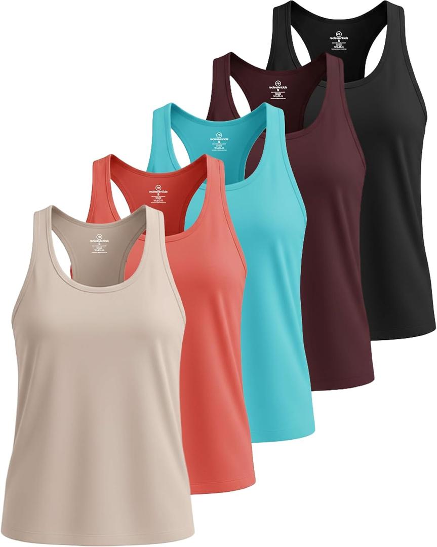 Real Essentials 5 Pack: Women's Dry Fit Tank Top - Racerback Sleeveless Workout Athletic Gym Shirt, M