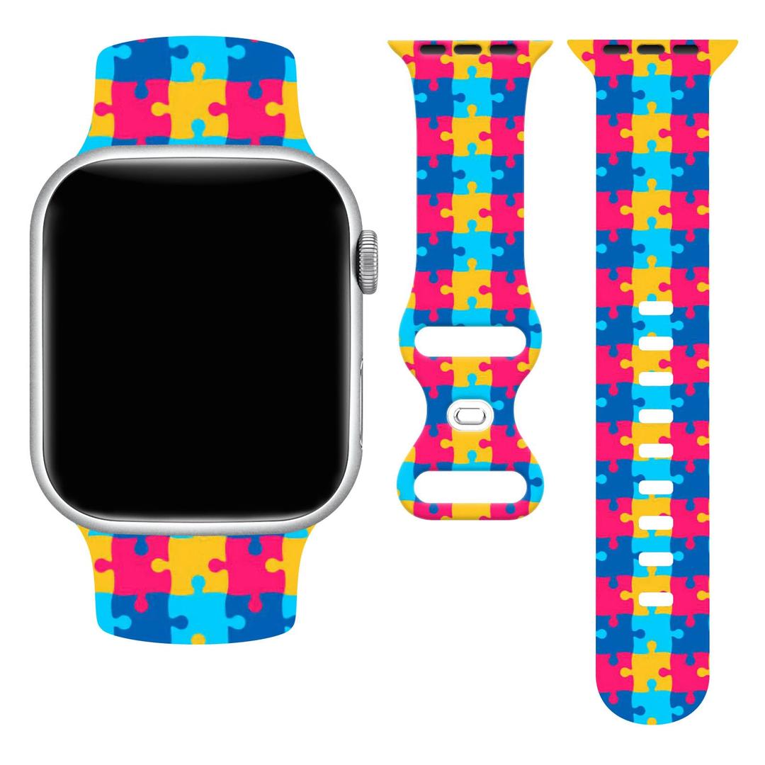 Autism Awareness Gradient Jigsaw Puzzle Watch Band 38mm, Blue IWatch Bands 40mm Womens Compatible With Apple Watch 41mm Rubber Wristbands Straps Adjustable Replacement Series 10/9/8/7/Se/Ultra For Men