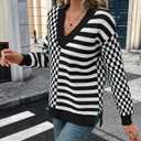 Women's Sweater Pullover Tops Knit V Neck Striped Checkered Winter Spring Long Sleeve Casual Fashion 2026 Lightweight Clothes Black S (S)