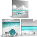 sechars Coastal Canvas Wall Art Seashell Starfish Pictures Prints Bathroom Seaside Painting Artwork Framed (Teal)