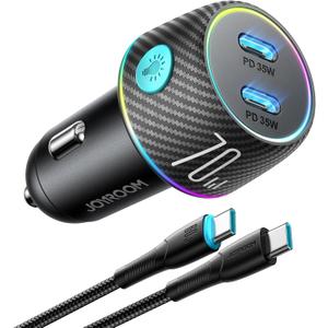 70W USB C Car Charger for iPhone 16, Super Fast Dual C Car Charger with 3.3ft Nylon Type C Cable, Cigarette Lighter Adapter Fit for iPhone 15 Pro Max, Samsung, Piexl, MacBook, ipad, Android