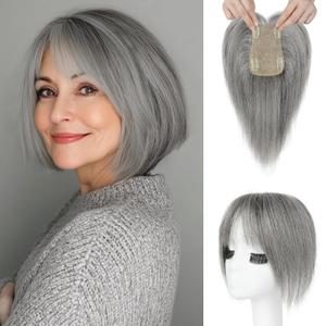 REECHO Human Hair Toppers with Bangs, Thick Hair Volume Topper Hairpiece for Women Real Human Hair Extensions for Daily Wear, Gray REECHO Human Hair Toppers with Bangs, Thick Hair Volume Topper Hairpiece for Women Real Human Hair Extensions for Daily Wear, Gray