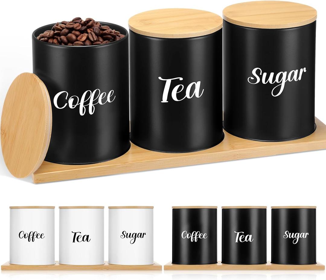 Coffee Tea Sugar Container Set with Tray, Set of 3 Airtight Metal Canister with Bamboo Lids, Farmhouse Kitchen Counter Organizer for Coffee Bar and Drink Station (Black)