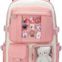 PRLINJSK Kawaii Backpack for Teen Girls, Cute Aesthetic High Middle School College Bookbag with Accessories Pink Beige (Medium)
