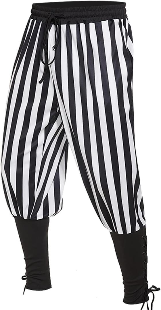 Men's Ankle Banded Pants Medieval Viking Navigator Pirate Costume Trousers Renaissance Gothic Pants (Large, Black-white)