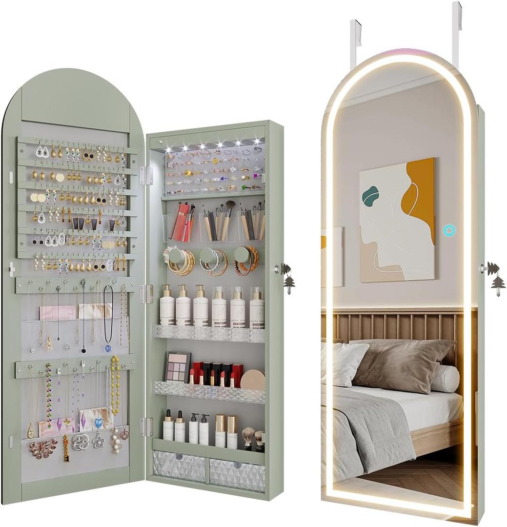LVSOMT Arched Lighted Mirror Jewelry Cabinet, Wall/Door Mount Jewelry Armoire Organizer with Lights, Full Length Mirror with Jewelry Storage, Over the Door Hanging Jewelry Cabinet (Laurel Green) (Arched-Green)