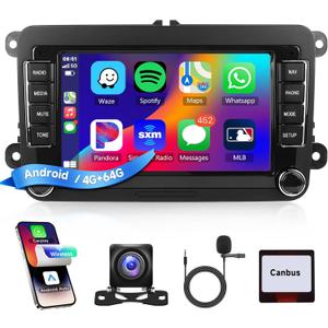 4+64G Android Car Stereo for VW Passat Golf MK5 MK6 Jetta T5 EOS POLO Touran Seat Sharan Wireless Carplay Android Auto, 7'' Touchscreen Head Unit with GPS Bluetooth Mirror Link WIFI FM DSP Rear Camera