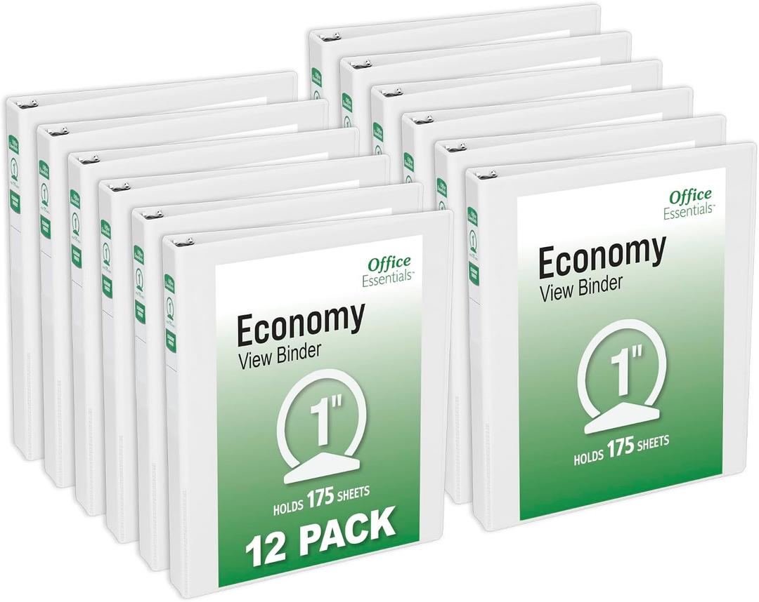 Office Essentials Economy View 3 Ring Binders, 1" Round Rings, 1.4" Spine, 175-Sheet Capacity, White Binders (12-Pack of 03424)