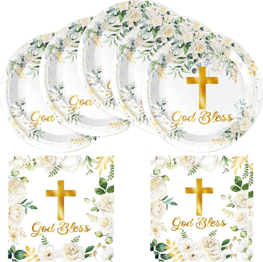 HJFZLY God Bless Tableware Set, First Communion 20 Plates and 20 Napkins, for Newborn Baptism Church Cross White Floral Party Decoration (7in)