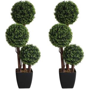 Artificial Topiaries Ball Tree Outdoor, 3ft Fake Topiary Triple Ball Boxwood Trees(2 Pieces), Faux Shrubs Plants Potted Green Decorative Indoor Porch or Garden35inch