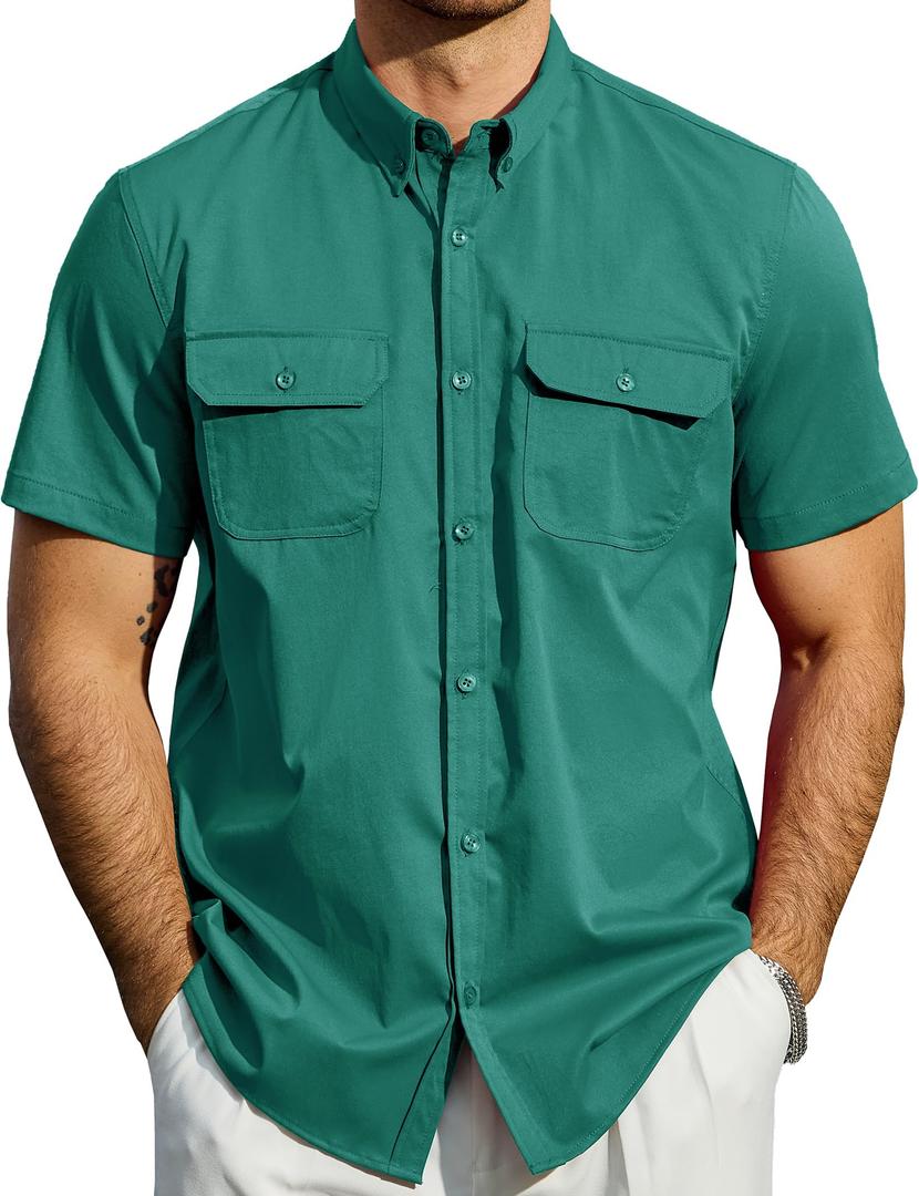 JOGAL Mens Work Shirts Button Down Short Sleeve Shirt DeepGreen XX-Large (Green, XXL)