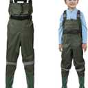 HISEA Kids Chest Waders with Boots, Youth Waterproof Fishing Wader, PVC Waders for Toddler Children with Reflect Safety Band (10/11 Big Kid, Green)