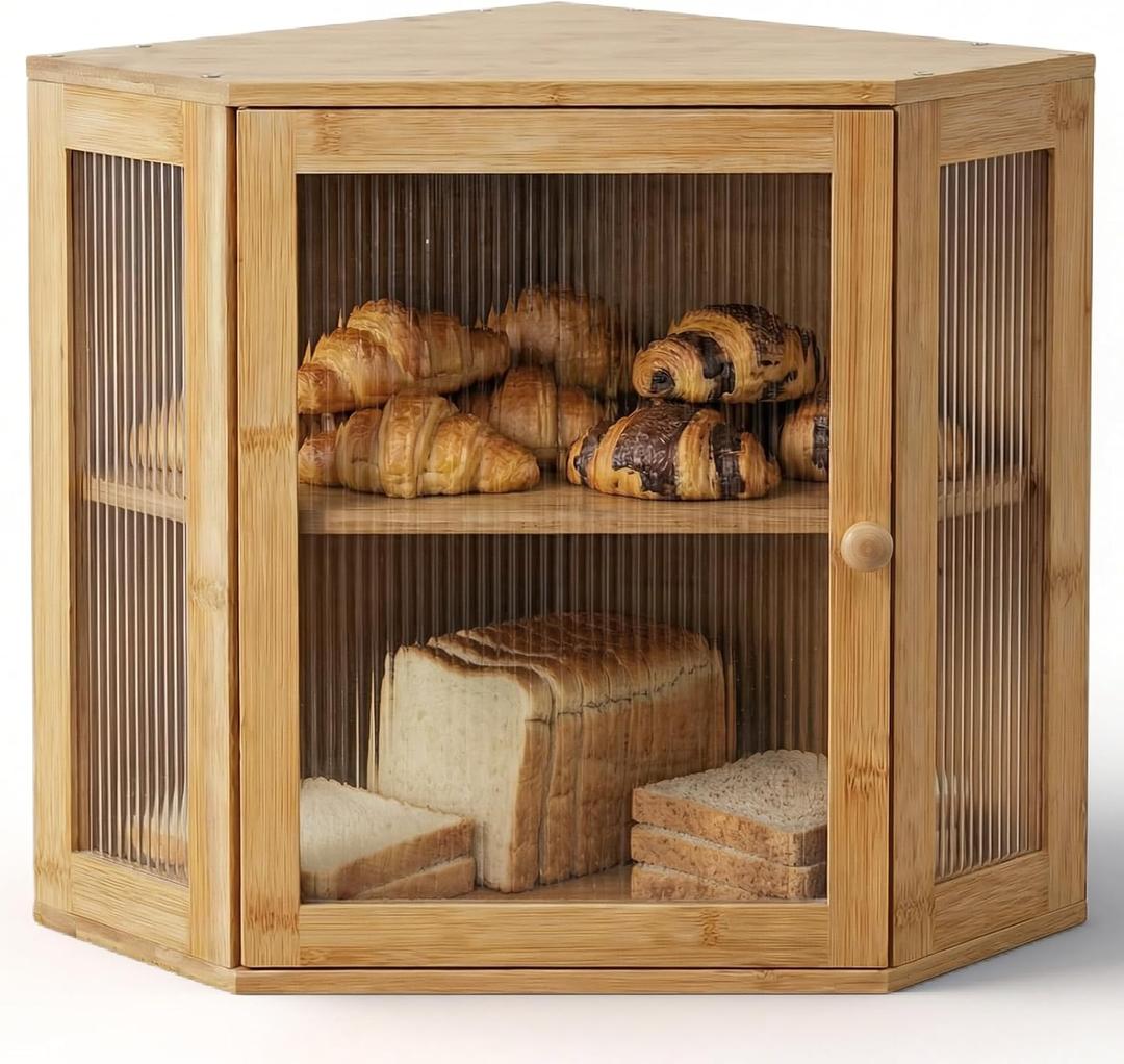 Corner Bread Box for Kitchen Countertop: Bamboo Storage Container for Homemade Bread, Two Layer Breadbox under Cabinet Mount, Large Bread Holder for Kitchen Counter, Pantry Shelf