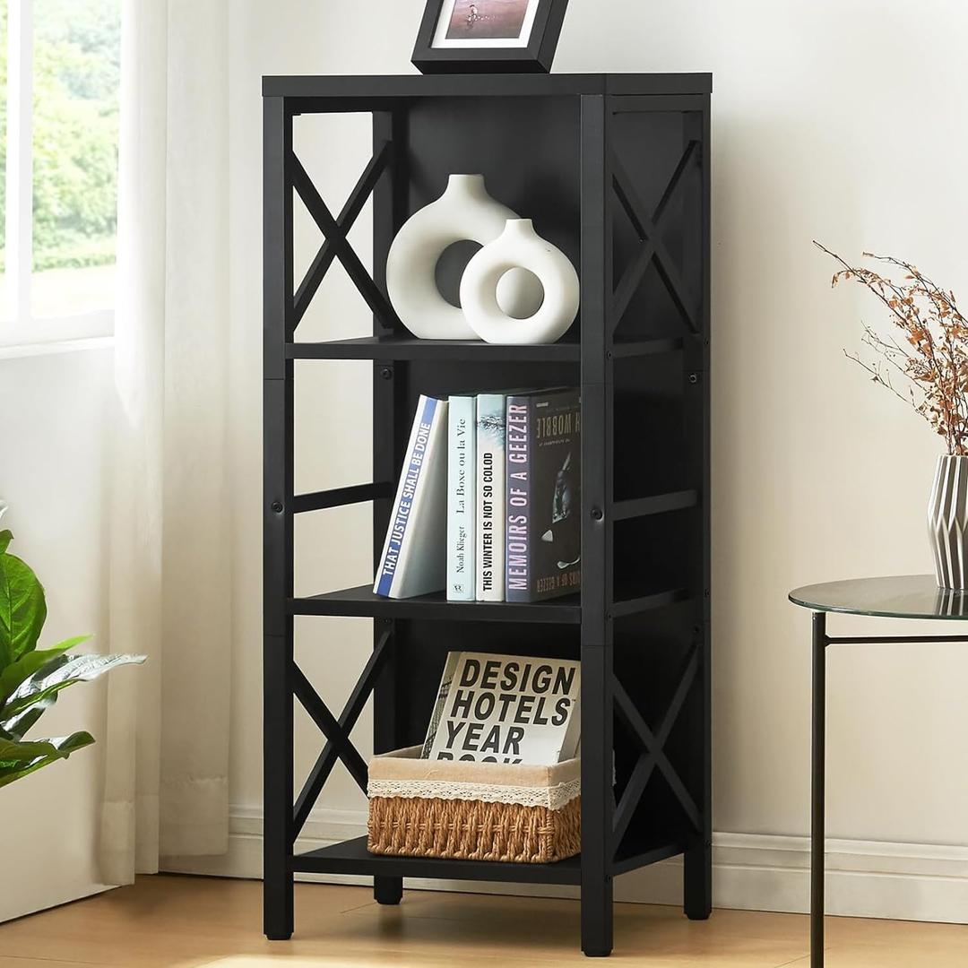 MNEETRUNG Small Bookshelf,4 Tier Industrial Bookcase with Metal Frame and Backboard,Narrow Black Book Shelf,Office Book case for Small Spaces,Living Room,Bedroom and Home Office (4-Tier (15.7"W x 11"D x 39.5"H))