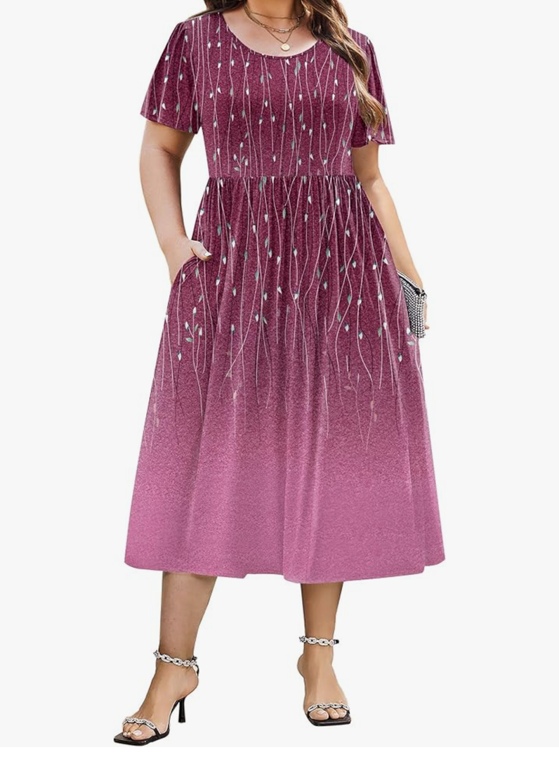 IN'VOLAND Women Plus Size Short Sleeve Dress Loose Summer Casual A-Line Flowy Midi Dresses with Pockets, 1x