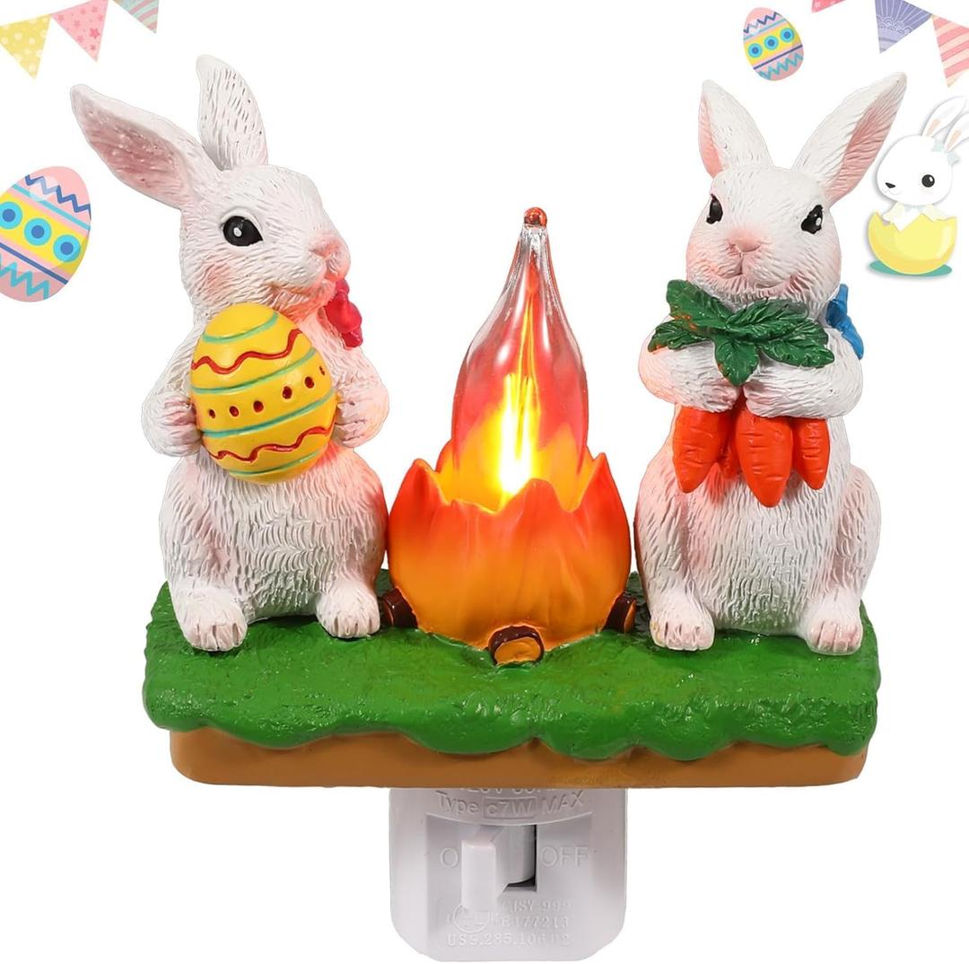 Easter Egg Bunny Campfire Flickering Night Light, Easter 3D Rabbit Night Light Plug in, Bunnies Figurine Lamps, Easter Decorations Indoor