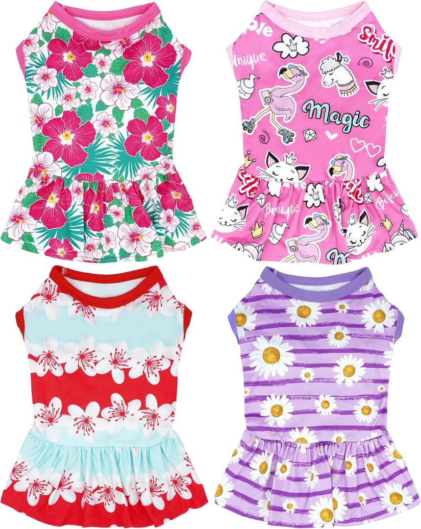 4PCS Dog Dresses Shirts for Medium Dogs Girl Female Pink Purple Red Skirts Summer Clothes Pet Apparel Floral Sundress Small Daisy Unicorn Stretchable Lightweight Outfit M