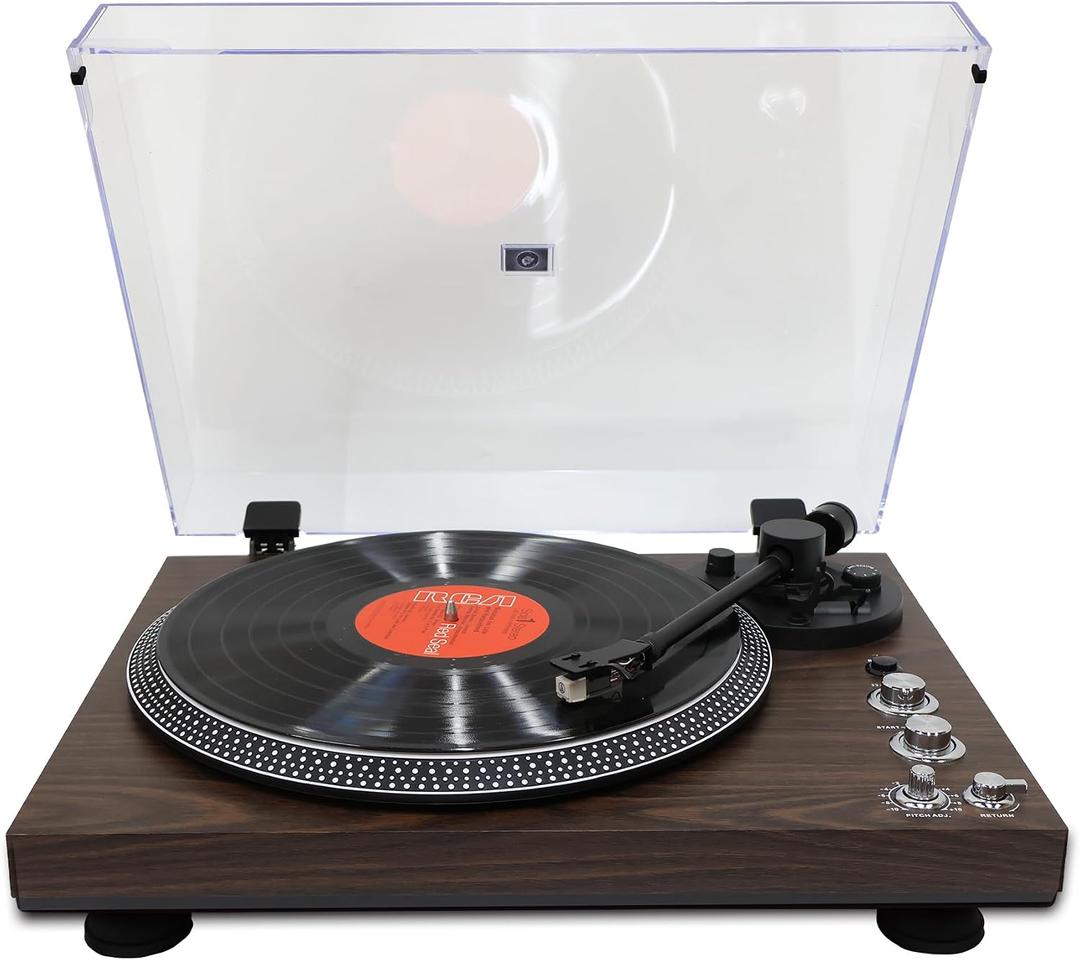 Retro Vinyl Record Player, Fully‑Automatic Belt‑Driven Turntable with BT Wireless, 33/45 RPM Speeds, Auto‑Repeat Function, Hi‑Fi, Anti‑Skate, Dust Cover, Anti-Resonance, RCA Outputs, Brown