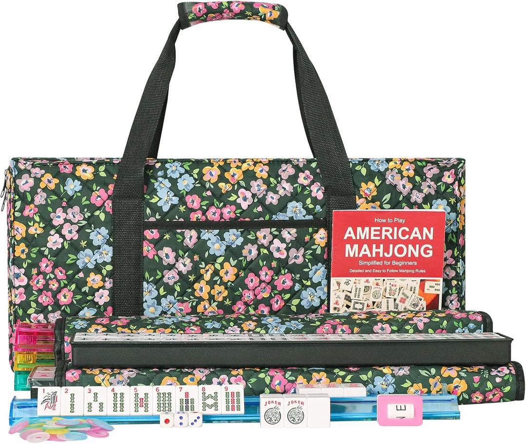 ZGME American Mahjong Set,166 White Tiles with Dark Green Small Flower Bag and Accessories,4 All-in-One Mahjong Racks with Pushers