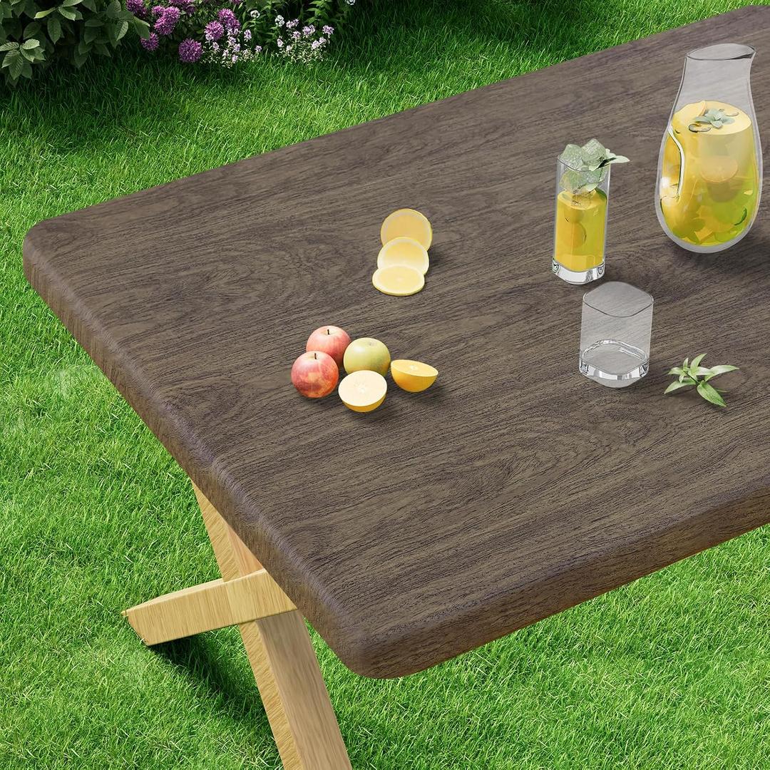 misaya Rectangle Vinyl Tablecloth, Fitted Table Cover, Waterproof, Elastic Edge, Plastic Table Cloth Fit 6 Foot Folding Tables for Picnic, Indoor and Outdoor (Taupe, 30 x 72 inch)