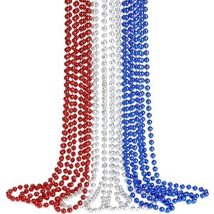 ZZYFGH 12 PCS 4th of July Beaded Necklace 33'' Metallic Red/Silver/Blue Bead Necklace Bulk, Mardi Gras Round Beaded Necklaces for July 4th Party Parade Event Festival Christmas Supplies Decor (Patriotic)