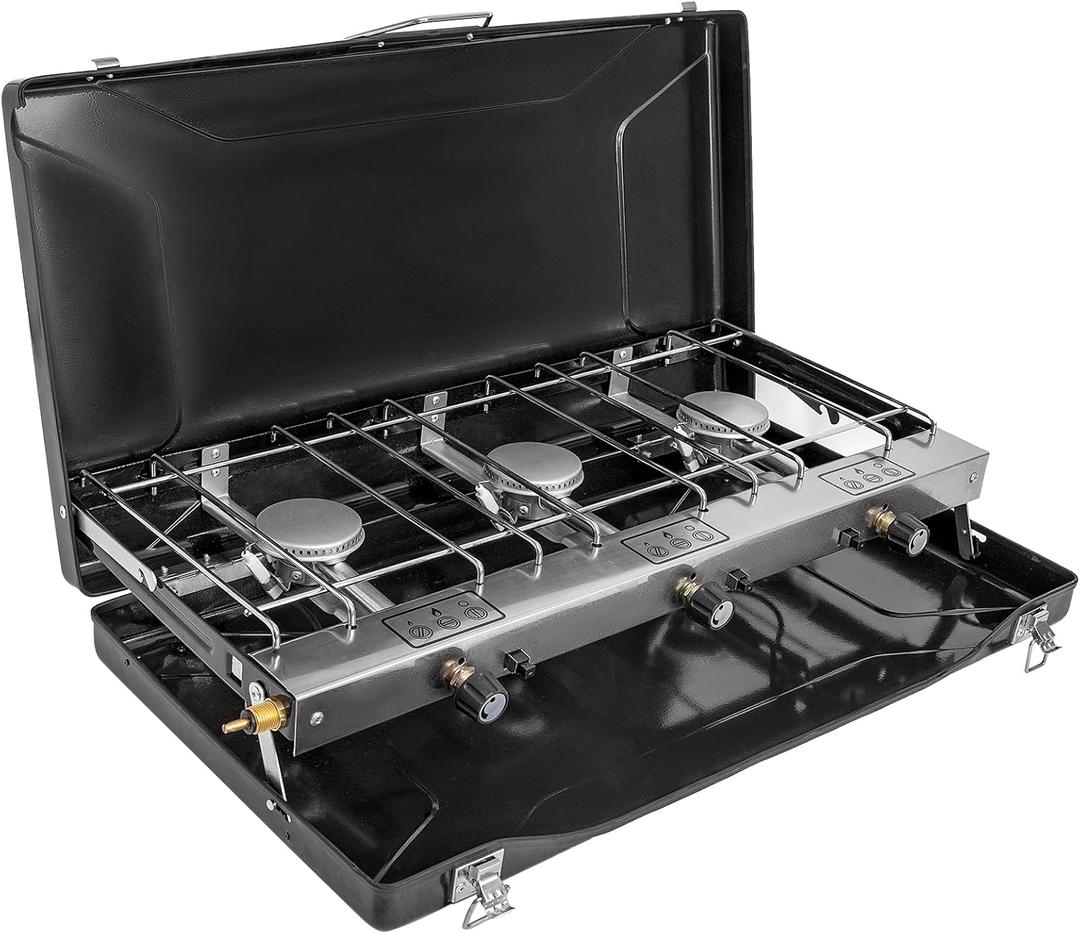 3-Burner Propane Camping Stove, 19800 BTUs Portable Camp Stove with Adjustable Burners and Push-Button Instant Ignition, Portable Camping Grill, Built-in Carrying Handle for Outdoor Cooking