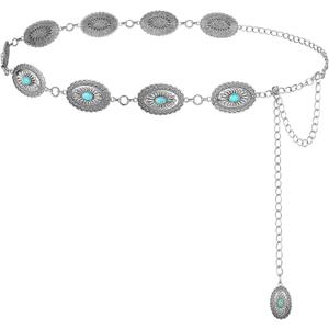 FIORETTO Metal Waist Chain Link Belt for Women Western Cowgirl Boho Turquoise Belts for Dress Jeans Country Concert Outfit