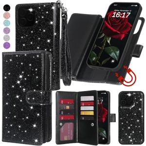 Varikke for iPhone 16 Pro Max Wallet Case Detachable with Card Holder for Women, Fashion Glitter PU Leather Strap Magnetic Flip Wallet Removable Phone Case Cover for iPhone 16 Pro Max 6.9", Black