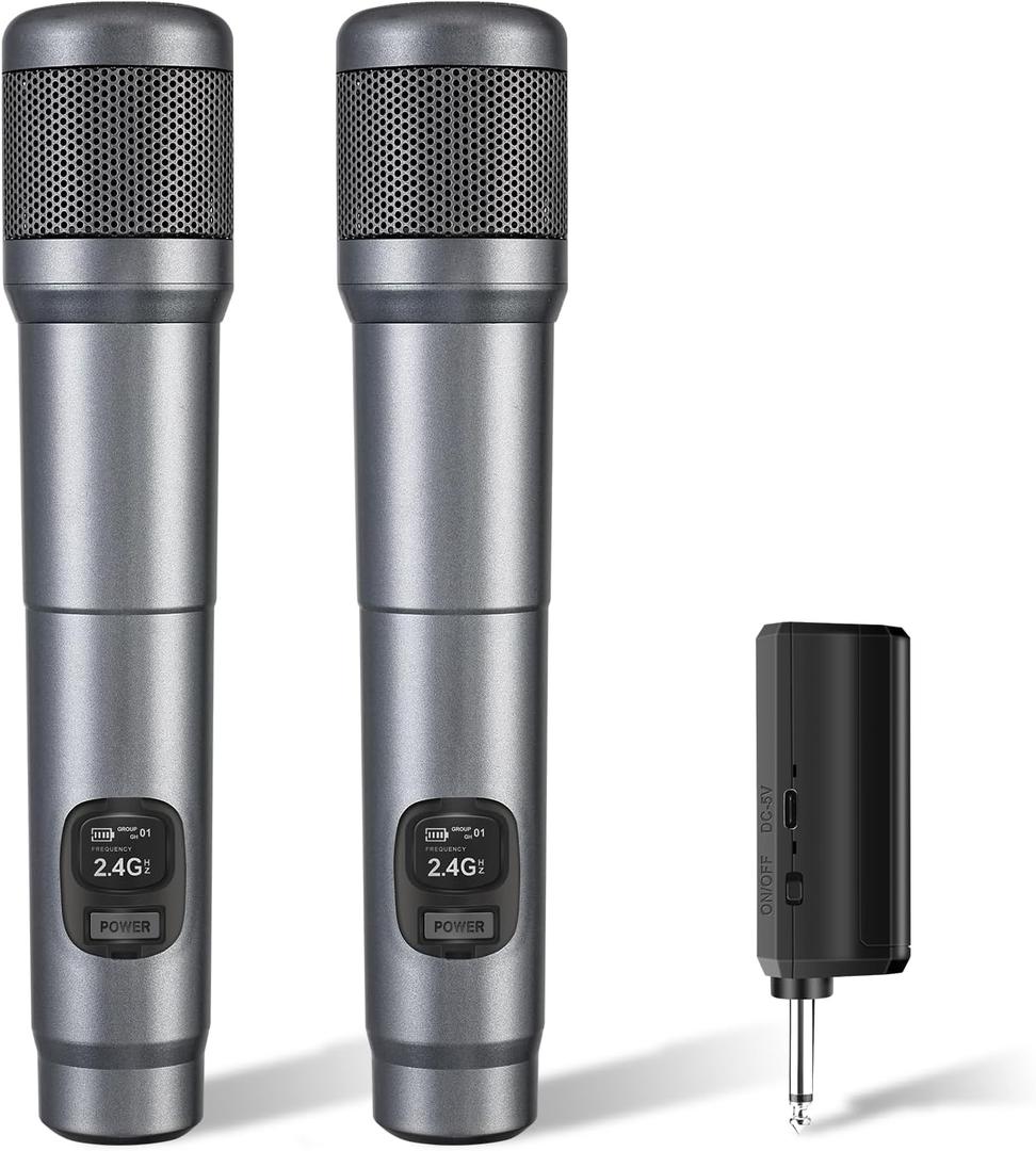 Wireless Microphone, Dual Handheld Dynamic Mic with Rechargeable Receiver, 40H Duration, 200ft Range, Plug and Play, Karaoke Microphone for Singing, Karaoke, Meeting, Church, Wedding