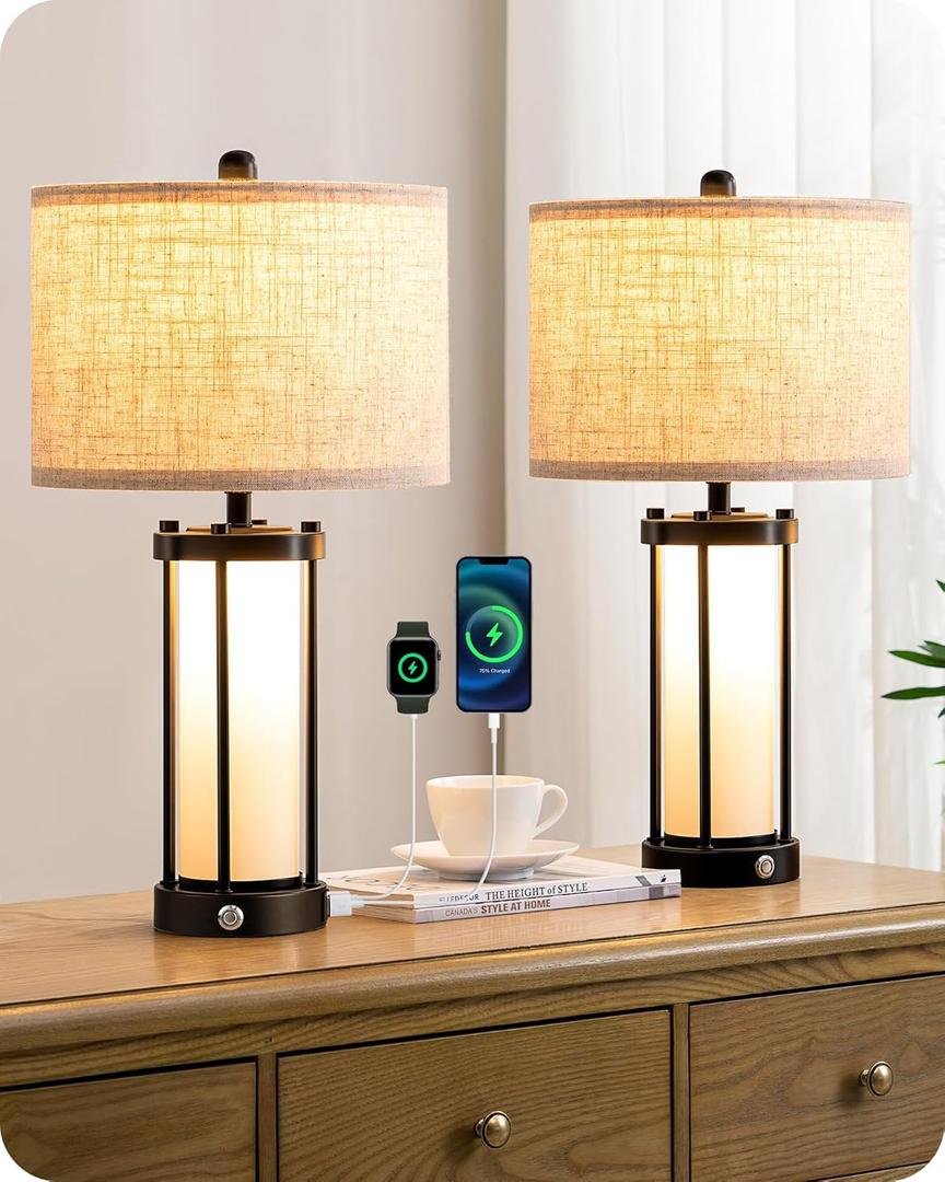 EDISHINE 22.44" Farmhouse Table Lamps with Night Light, 3 Way Dimmable Touch Control Bedside Lamp Set of 2, Rustic Nightstand Lamp for Living Room, Bedroom, A+C USB Ports, Frosted Glass Shade