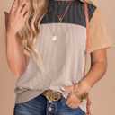 BLENCOT Women Tops Color Block Crewneck Casual Oversized Tshirts Knit Summer Tees Blouse S-2XL (Medium, Black Khaki)