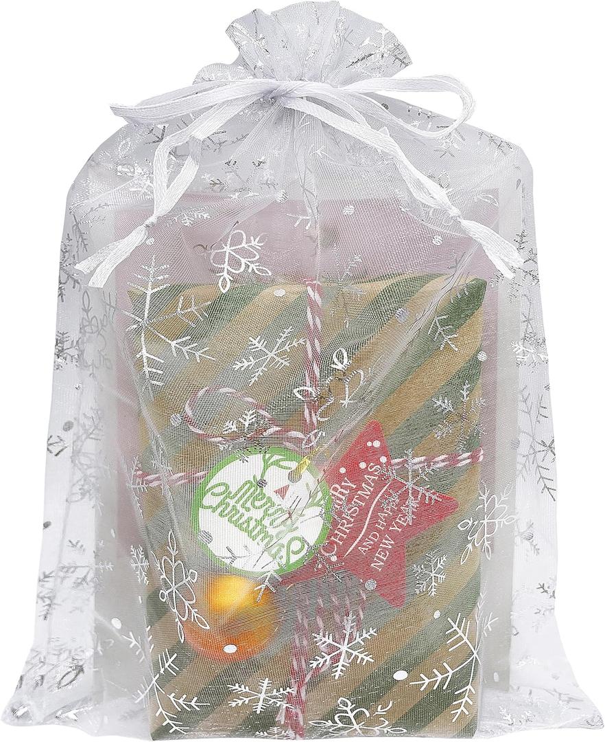 Jexila 50 Pack Christmas Organza Bags 8X12 inch Snowflake Large Christmas Mesh Drawstring Gift Bag for Packing Party Favor Goodie Candy Treat Bags