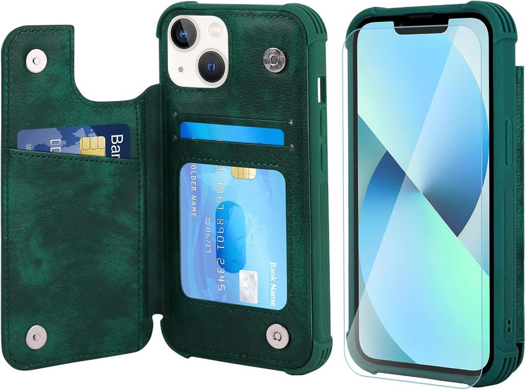 VANAVAGY Wallet Case Compatible for iPhone 13 for Women Men, PU Leather Flip Phone Cover Fits Magnetic Car Mount with RFID Blocking Credit Card Holder,Midnight Green